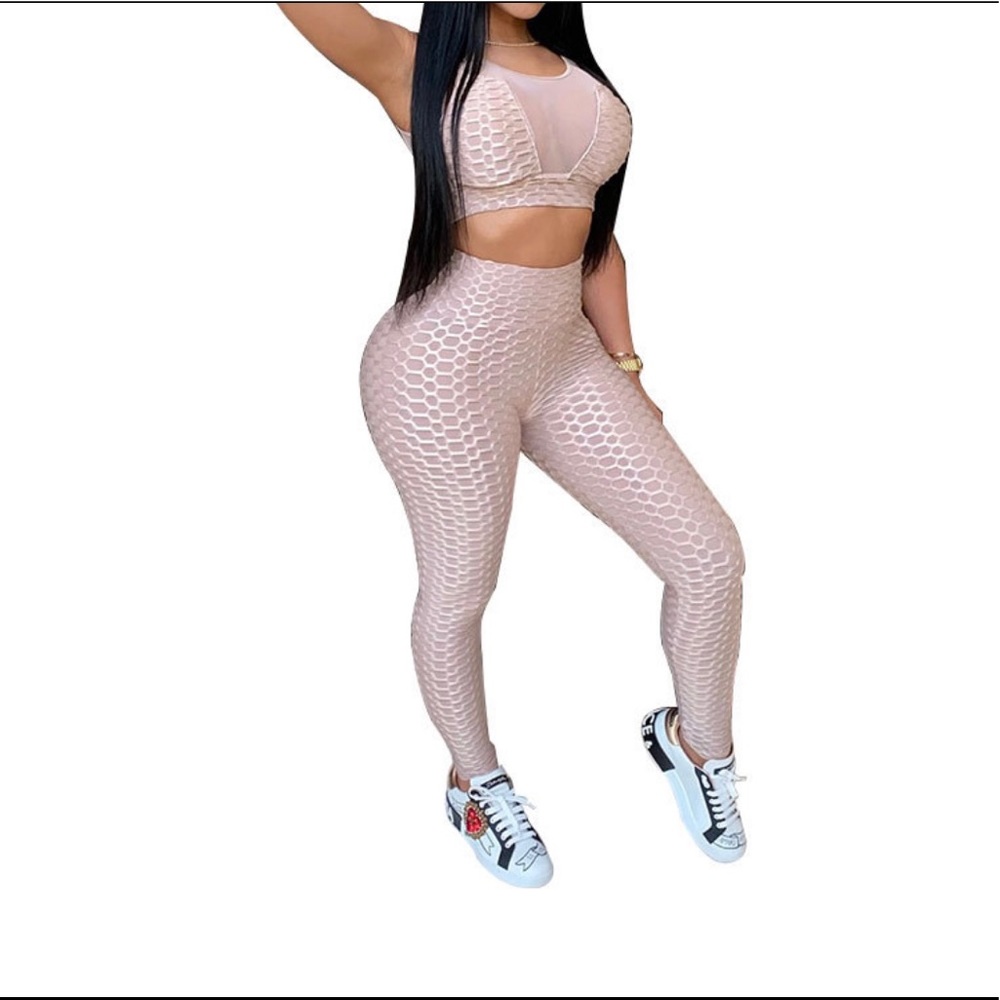 Women sexy mesh tank top and leggings sport two-piece set pink only